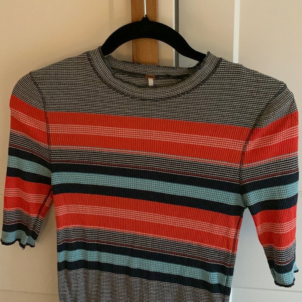 Free People Striped Ribbed Short Sleeve Top in Red, Light Blue, Navy, Black